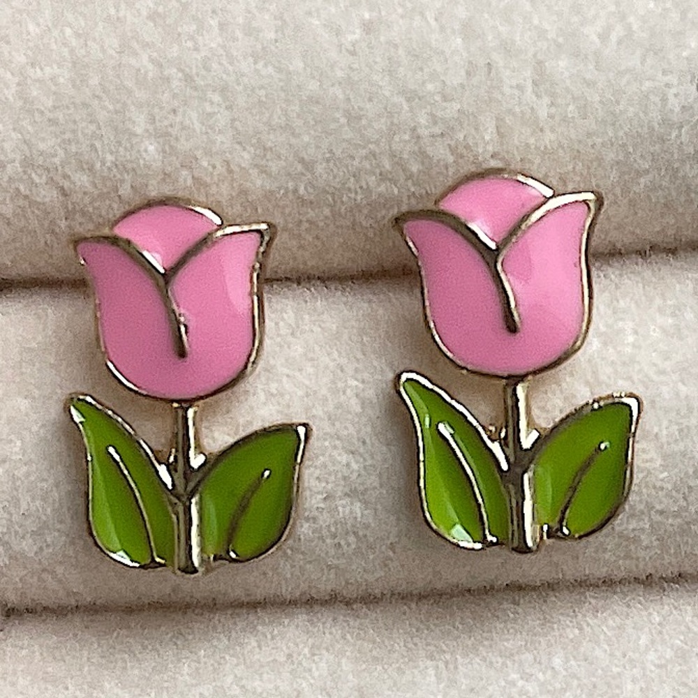 🆕 Tulip with green leaf Metal ear studs